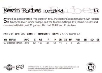 1997 Best Vermont Expos #13 Kevin Forbes Back