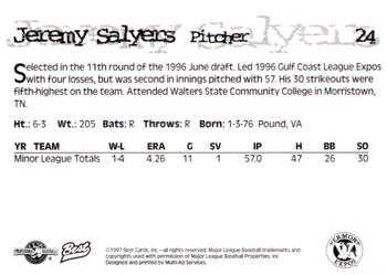 1997 Best Vermont Expos #24 Jeremy Salyers Back