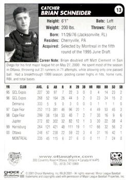 2001 Choice Ottawa Lynx #13 Brian Schneider Back