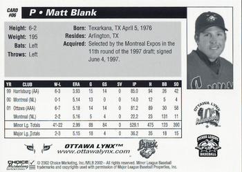 2002 Choice Ottawa Lynx #6 Matt Blank Back