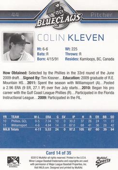 2012 MultiAd Lakewood BlueClaws #14 Colin Kleven Back