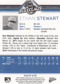 2012 MultiAd Lakewood BlueClaws #27 Ethan Stewart Back