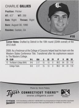2012 Choice Connecticut Tigers #16 Charlie Gillies Back
