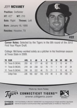 2012 Choice Connecticut Tigers #22 Jeff McVaney Back