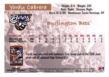 2011 Grandstand Midwest League All-Stars West Division #NNO Yordy Cabrera Back