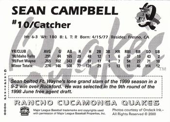 2000 Grandstand Rancho Cucamonga Quakes #6 Sean Campbell Back