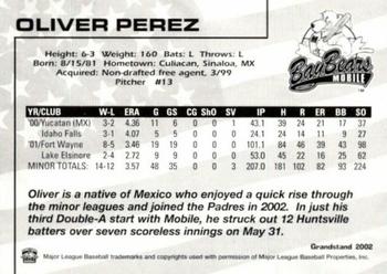 2002 Grandstand Mobile BayBears #1 Oliver Perez Back