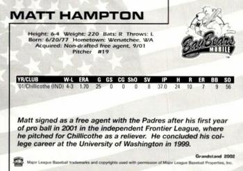 2002 Grandstand Mobile BayBears #3 Matt Hampton Back
