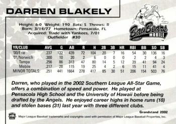 2002 Grandstand Mobile BayBears #6 Darren Blakely Back