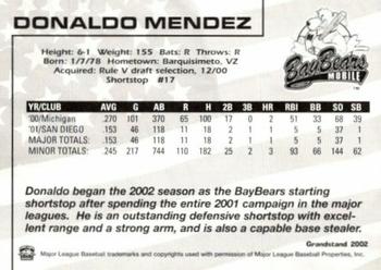 2002 Grandstand Mobile BayBears #9 Donaldo Mendez Back