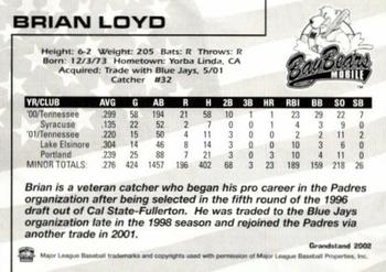 2002 Grandstand Mobile BayBears #12 Brian Loyd Back
