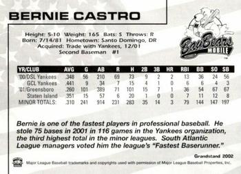 2002 Grandstand Mobile BayBears #13 Bernie Castro Back