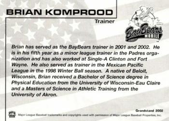 2002 Grandstand Mobile BayBears #29 Brian Komprood Back