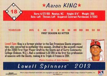 2013 Grandstand Lowell Spinners #NNO Aaron King Back