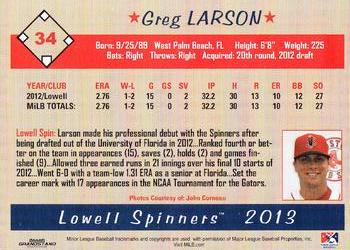 2013 Grandstand Lowell Spinners #NNO Greg Larson Back