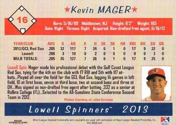 2013 Grandstand Lowell Spinners #NNO Kevin Mager Back