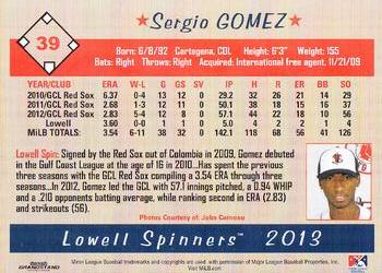 2013 Grandstand Lowell Spinners #NNO Sergio Gomez Back