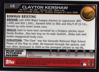 2010 Bowman Chrome #16 Clayton Kershaw  Back