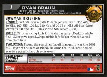 2010 Bowman Chrome #1 Ryan Braun  Back