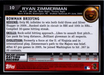 2010 Bowman Chrome #10 Ryan Zimmerman  Back