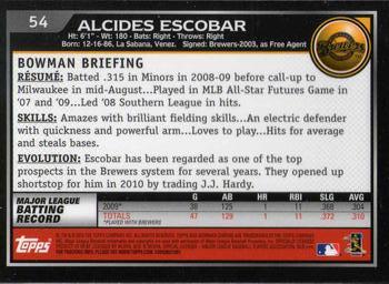 2010 Bowman Chrome #54 Alcides Escobar  Back