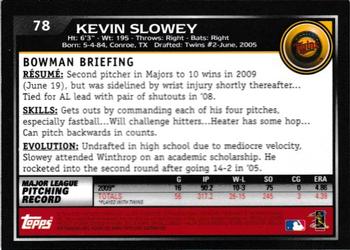 2010 Bowman Chrome #78 Kevin Slowey  Back