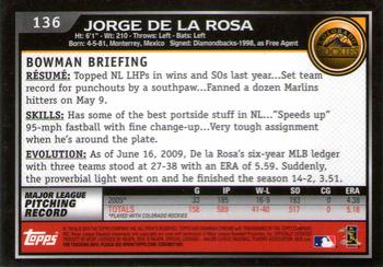 2010 Bowman Chrome #136 Jorge De La Rosa  Back
