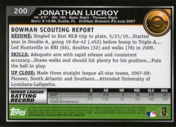2010 Bowman Chrome #200 Jonathan Lucroy  Back