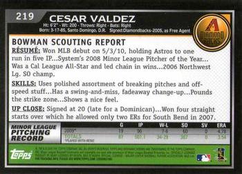 2010 Bowman Chrome #219 Cesar Valdez  Back