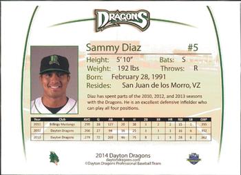 2014 Dayton Dragons Team Issue #10 Sammy Diaz Back