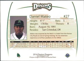 2014 Dayton Dragons Team Issue #18 Daniel Mateo Back