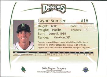 2014 Dayton Dragons Team Issue #25 Layne Somsen Back
