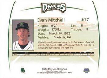 2014 Dayton Dragons Team Issue #20 Evan Mitchell Back