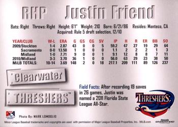 2011 Grandstand Clearwater Threshers #NNO Justin Friend Back