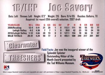2011 Grandstand Clearwater Threshers #NNO Joe Savery Back