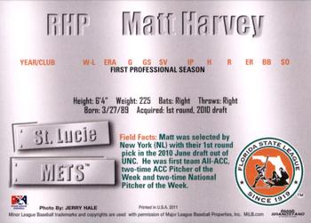 2011 Grandstand Florida State League Top Prospects #NNO Matt Harvey Back