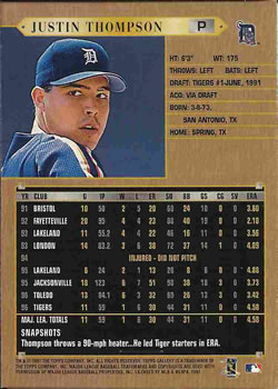 1997 Topps Gallery #179 Justin Thompson Back