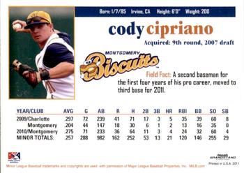 2011 Grandstand Montgomery Biscuits #NNO Cody Cipriano Back