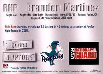 2011 Grandstand Ogden Raptors #NNO Brandon Martinez Back