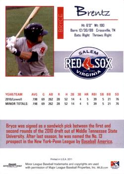 2011 Grandstand Salem Red Sox #NNO Bryce Brentz Back