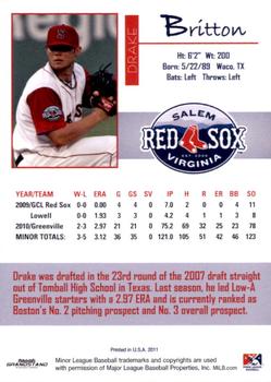 2011 Grandstand Salem Red Sox #NNO Drake Britton Back