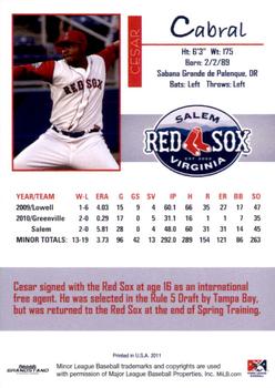 2011 Grandstand Salem Red Sox #NNO Cesar Cabral Back