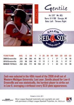 2011 Grandstand Salem Red Sox #NNO Zach Gentile Back