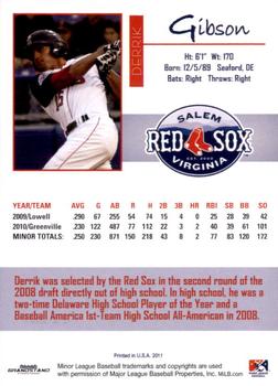 2011 Grandstand Salem Red Sox #NNO Derrik Gibson Back