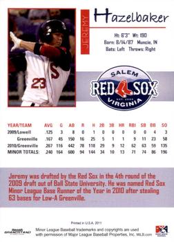 2011 Grandstand Salem Red Sox #NNO Jeremy Hazelbaker Back