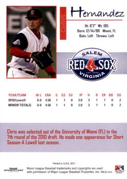 2011 Grandstand Salem Red Sox #NNO Chris Hernandez Back