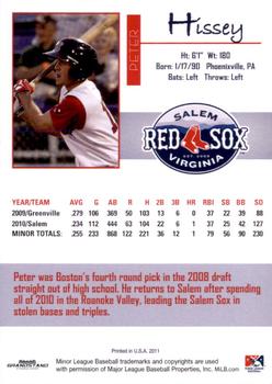 2011 Grandstand Salem Red Sox #NNO Peter Hissey Back