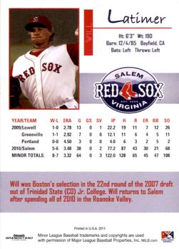 2011 Grandstand Salem Red Sox #NNO Will Latimer Back