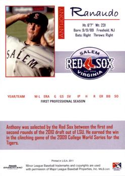 2011 Grandstand Salem Red Sox #NNO Anthony Ranaudo Back