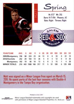 2011 Grandstand Salem Red Sox #NNO Matt Spring Back